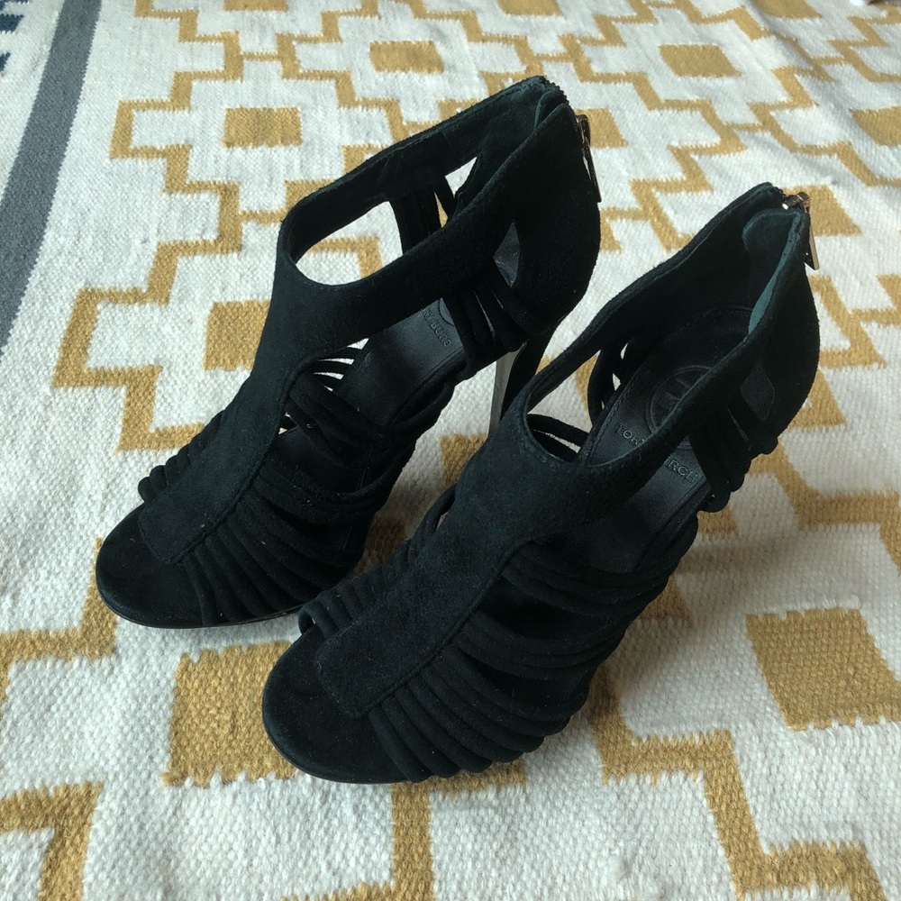 Tory Burch black suede open toe high heel sandals